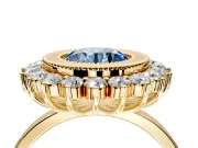 Halo Engagement Ring Setting for Fancy Blue Round Cut Center with Milgrain Bezel Rim, Plain Band and Prong Head in Yellow Gold
