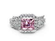 Bypass Halo Engagement Ring Setting for Fancy Pink Princess Cut Center with Bezel Accents, Milgrain and Prong Head in White Gold