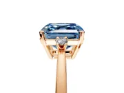 3 Stone Engagement Ring Setting for Fancy Blue Asscher Cut Center with Low-Set Round Cut Accents and Prong Head in Rose Gold