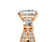 3 Stone Engagement Ring Setting for Princess Cut Center with Pave Twist Band and Prong Head in Rose Gold