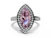 Halo Engagement Ring Setting for Fancy Pink Marquise Center with Outer Bezel Rim, Pave Band and Prong Head in White Gold
