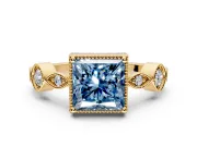 Vintage Station Engagement Ring Setting for Fancy Blue Princess Cut Center with Accents and Prong Head in Yellow Gold
