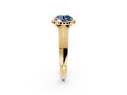 Halo Engagement Ring Setting for Fancy Blue Round Cut Center with Knife Ridge Cathedral Band and Prong Head in Yellow Gold