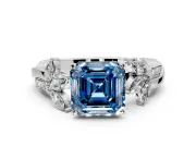 Floral Engagement Ring Setting for Fancy Blue Asscher Cut Center with Trailing Marquise Accents and Prong Head in White Gold