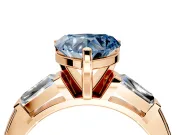 3 Stone Engagement Ring Setting for Fancy Blue Heart-Shaped Center with Tapered Baguettes, Plain Band and Prong Head in Rose Gold
