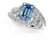 Halo Engagement Ring Setting for Fancy Blue Emerald Cut Center with Marquise and Pave Bypass Band and Prong Head in White Gold