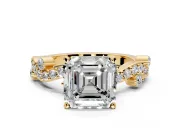 Solitaire Engagement Ring Setting for Asscher Cut Center with Bar-Station Pave Twist and Prong Head in Yellow Gold