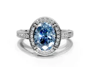 Halo Engagement Ring Setting for Fancy Blue Oval Center with Framed Halo, Pave Band and Prong Head in White Gold