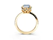 Halo Engagement Ring Setting for Fancy Blue Asscher Cut Center with Openwork Halo, Pave Band and Prong Head in Yellow Gold