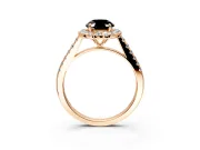Halo Engagement Ring Setting for Fancy Black Oval Center with Narrowing Pave Band and Prong Head in Rose Gold