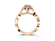 Halo Engagement Ring Setting for Fancy Pink Cushion Cut Center with Twist Band and Prong Head in Rose Gold