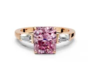 3 Stone Engagement Ring Setting for Fancy Pink Radiant Cut Center with Baguette Accents and Prong Head in Rose Gold