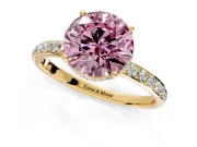 Hidden Halo Engagement Ring Setting for Fancy Pink Round Cut Center with Pave Band and Prong Head in Yellow Gold