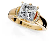 Solitaire Engagement Ring Setting for Princess Cut Center with Wide Band, Pave Collar and Prong Head in Yellow Gold