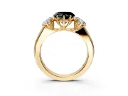 3 Stone Engagement Ring Setting for Fancy Black Heart-Shaped Center with Raised Basket Heads and Prong Head in Yellow Gold