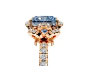 Halo Engagement Ring Setting for Fancy Blue Radiant Cut Center with Openwork Halo, Pave Band and Prong Head in Rose Gold