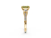 3 Stone Engagement Ring Setting for Fancy Yellow Emerald Cut Center with Crossover Basket, Pave Band and Prong Head in Yellow Gold