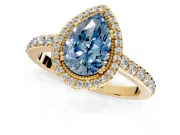 Halo Engagement Ring Setting for Fancy Blue Pear-Shaped Center with Inner Milgrain Border and Prong Head in Yellow Gold
