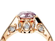 Cathedral Engagement Ring Setting for Fancy Pink Oval Center with Antique-Style Pave Band and Prong Head in Rose Gold