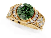 Pave Engagement Ring Setting for Fancy Green Round Cut Center with Curved Accent Rows, Openwork and Prong Head in Yellow Gold