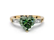 3 Stone Engagement Ring Setting for Fancy Green Heart-Shaped Center with Tapered Baguettes, Plain Band and Prong Head in Yellow Gold