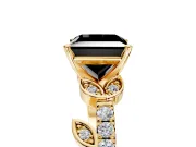 Leaf Motif Engagement Ring Setting for Fancy Black Princess Cut Center with Pave Band and Prong Head in Yellow Gold