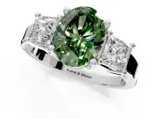 3 Stone Engagement Ring Setting for Fancy Green Oval Center with Matching Side Accents and Prong Head in Platinum