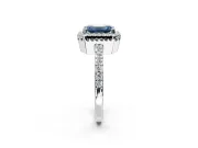 Halo Engagement Ring Setting for Fancy Blue Emerald Cut Center with Inner Milgrain Border and Prong Head in Sterling Silver