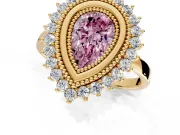 Halo Engagement Ring Setting for Fancy Pink Pear-Shaped Center with Milgrain Bezel Rim, Plain Band and Prong Head in Yellow Gold