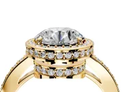 Halo Engagement Ring Setting for Round Cut Center with Metal-Rimmed Halo, Pave Band and Prong Head in Yellow Gold
