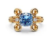 Solitaire Engagement Ring Setting for Fancy Blue Cushion Cut Center with Twisted Band and Scroll Prong Head in Yellow Gold