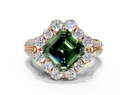 Large Accent Halo Engagement Ring Setting for Fancy Green Asscher Cut Center with Pave Split Shank and Prong Head in Rose Gold