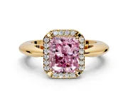 Halo Engagement Ring Setting for Fancy Pink Radiant Cut Center with Tapered Plain Band and Prong Head in Yellow Gold