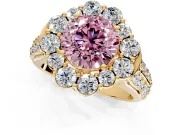 Large Accent Halo Engagement Ring Setting for Fancy Pink Round Cut Center with Pave Split Shank and Prong Head in Yellow Gold