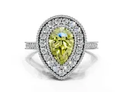 Halo Engagement Ring Setting for Fancy Yellow Pear-Shaped Center with Milgrain Frame, Pave Band and Prong Head in Platinum