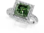 Halo Engagement Ring Setting for Fancy Green Princess Cut Center with Heart-Shaped Openwork, Pave Band and Prong Head in Sterling Silver