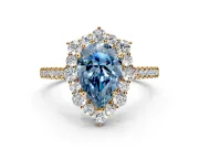 Halo Engagement Ring Setting for Fancy Blue Pear-Shaped Center with Single-Row Pave, Open Basket and Prong Head in Yellow Gold