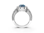 Milgrain Halo Engagement Ring Setting for Fancy Blue Round Cut Center with Pave Band and Prong Head in White Gold