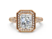 Milgrain Halo Engagement Ring Setting for Radiant Cut Center with Three-Sided Pave Band and Prong Head in Rose Gold
