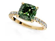 Solitaire Engagement Ring Setting for Fancy Green Cushion Cut Center with Fine Pave Narrow Band and Prong Head in Yellow Gold