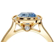 Halo Engagement Ring Setting for Fancy Blue Cushion Cut Center with Milgrain Pave Band and Bezel Head in Yellow Gold