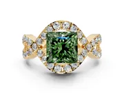 Halo Engagement Ring Setting for Fancy Green Princess Cut Center with Pave Infinity Twist Band and Prong Head in Yellow Gold