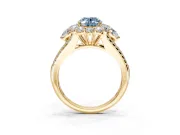 Halo Engagement Ring Setting for Fancy Blue Oval Center with Two-Strand Split Shank and Prong Head in Yellow Gold