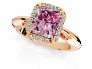 Halo Engagement Ring Setting for Fancy Pink Radiant Cut Center with Tapered Plain Band and Prong Head in Rose Gold
