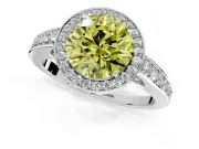 Bezel-Framed Halo Engagement Ring Setting for Fancy Yellow Round Cut Center with Pave Band and Prong Head in White Gold