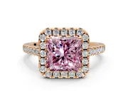Halo Engagement Ring Setting for Fancy Pink Princess Cut Center with Raised Halo, Pave Band and Prong Head in Rose Gold