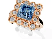 Cluster Halo Engagement Ring Setting for Fancy Blue Princess Cut Center with Milgrain Bezel Accents and Prong Head in Rose Gold
