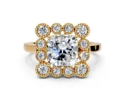 Cluster Halo Engagement Ring Setting for Cushion Cut Center with Milgrain Bezel Accents and Prong Head in Yellow Gold