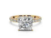 Hidden Halo Engagement Ring Setting for Princess Cut Center with Pave Band and Prong Head in Yellow Gold