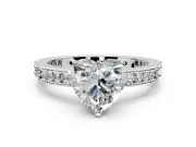 Solitaire Engagement Ring Setting for Heart-Shaped Center with Milgrain-Edged Pave Band and Prong Head in Platinum